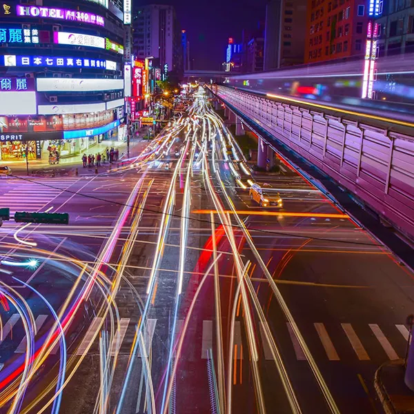 Light streaks left by speeding cars